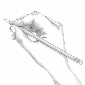 Dibujo realizado con lápiz de grafito gris en el que se observa una mano con un lápiz en posición de dibujar